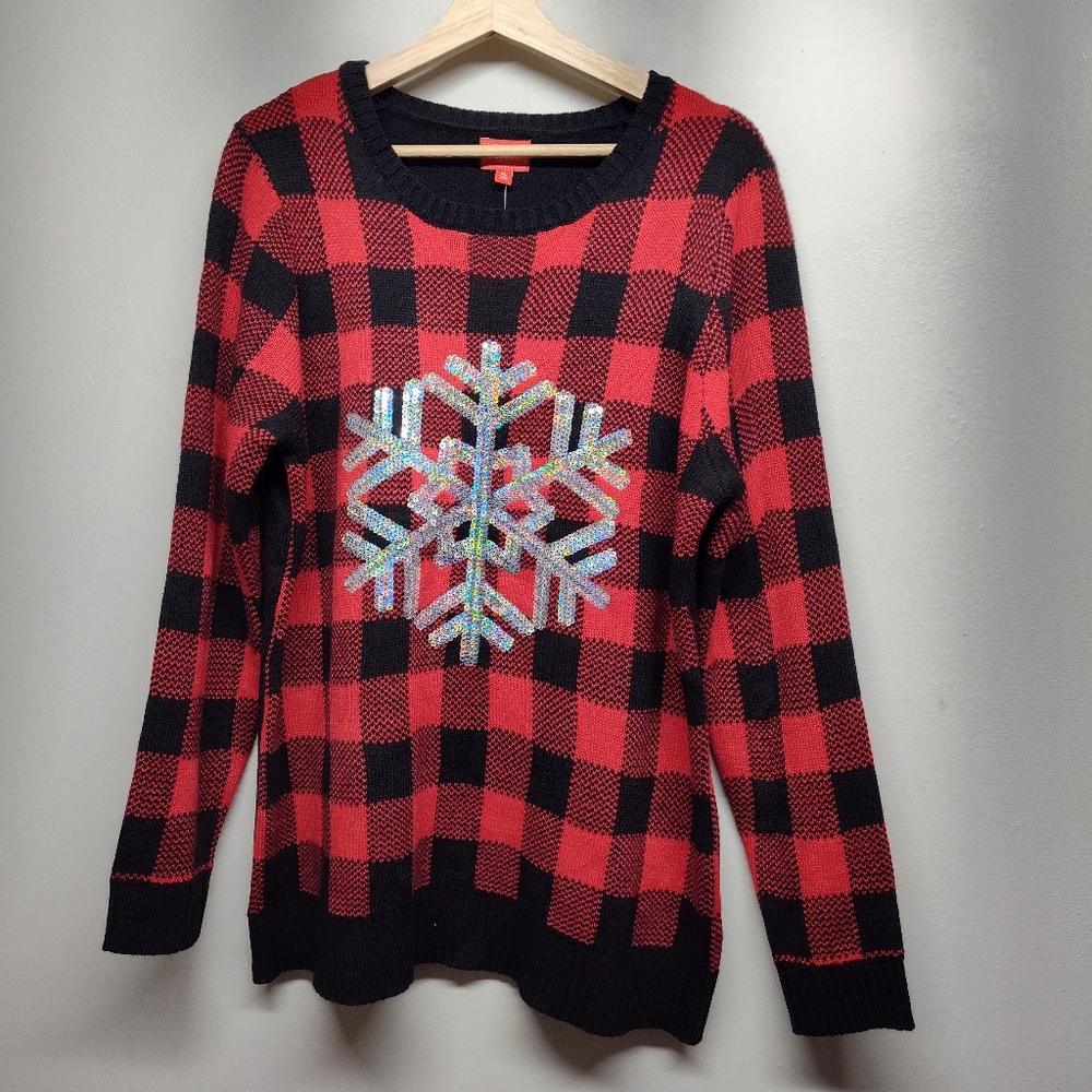 New Joyland Christmas Knit Sweater Women Size XL Red Black Sequin Winter Holiday